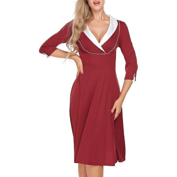 ❤ NWT Pinup Retro 1950s Rockabilly Elegant Collar Cleavage Dark Red Dress XXL - Picture 1 of 16
